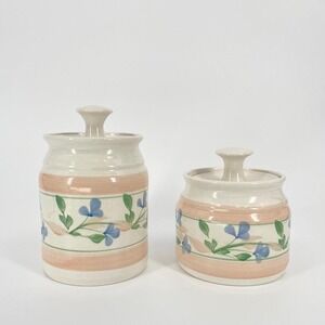 Vintage 80s English Cottage Floral Stoneware Crock Set Studio Pottery‎ Pink Blue